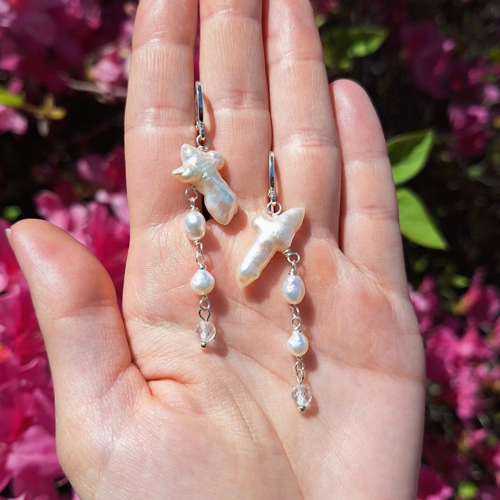 Freshwater Pearl, Quartz Earrings ~ Artisan Jewelry